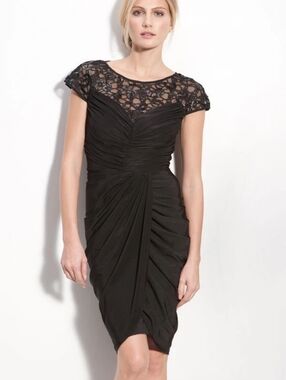 Sz M Vintage Black Tadashi Shoji Gathered Cocktail Lace Dress For Women LBD